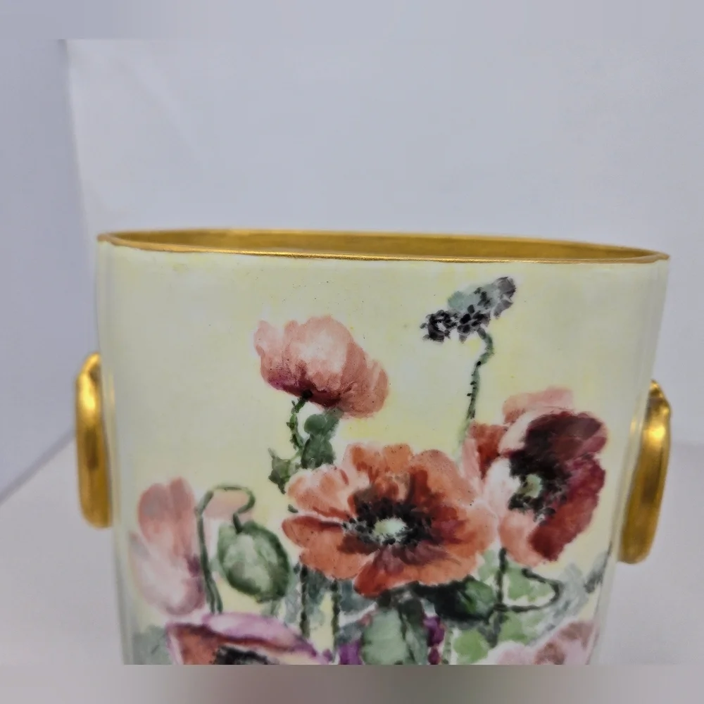 Antique Beauty Limoges Hand-painted Poppy Flower With Gold Accent Cachepot Vase